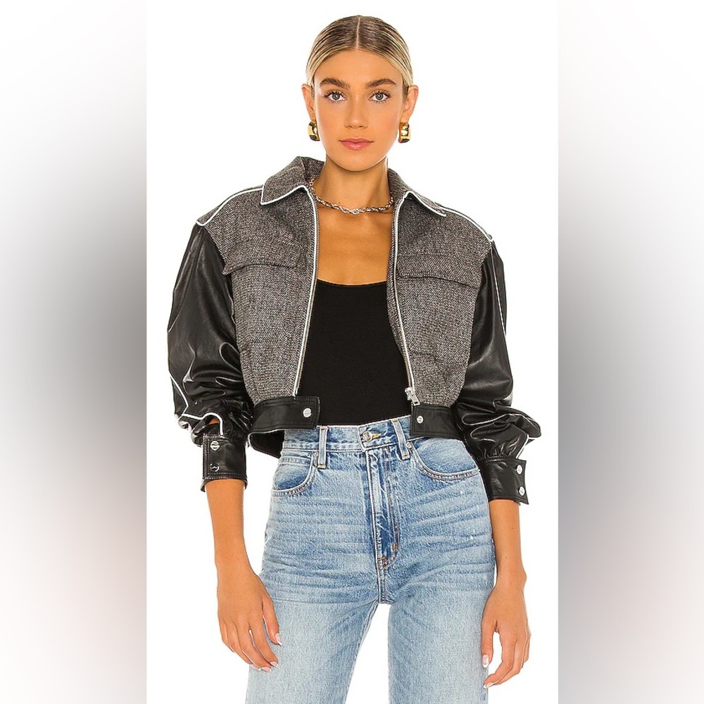 NEW Revolve Lamarque Dabria Bomber Jacket Women Small Tweed/Leather Black White